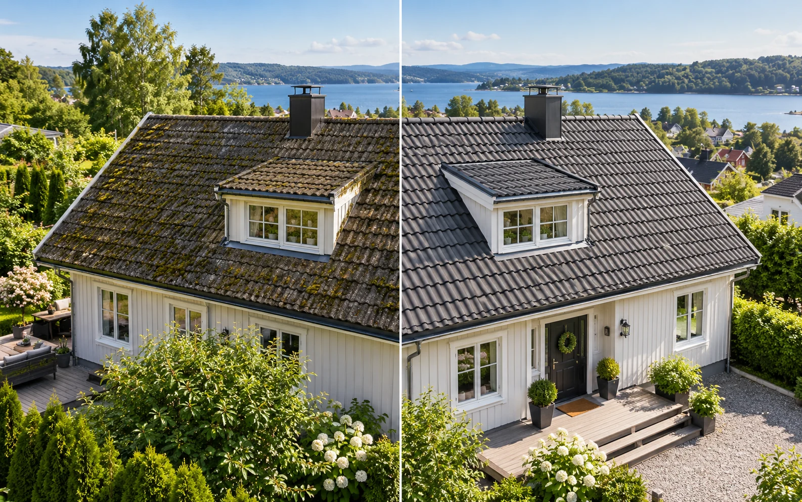 Illustration av tak före och efter takvård